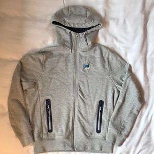 Helly Hansen Heather Gray Full-Zip Hooded Sweatshirt with Navy Accents